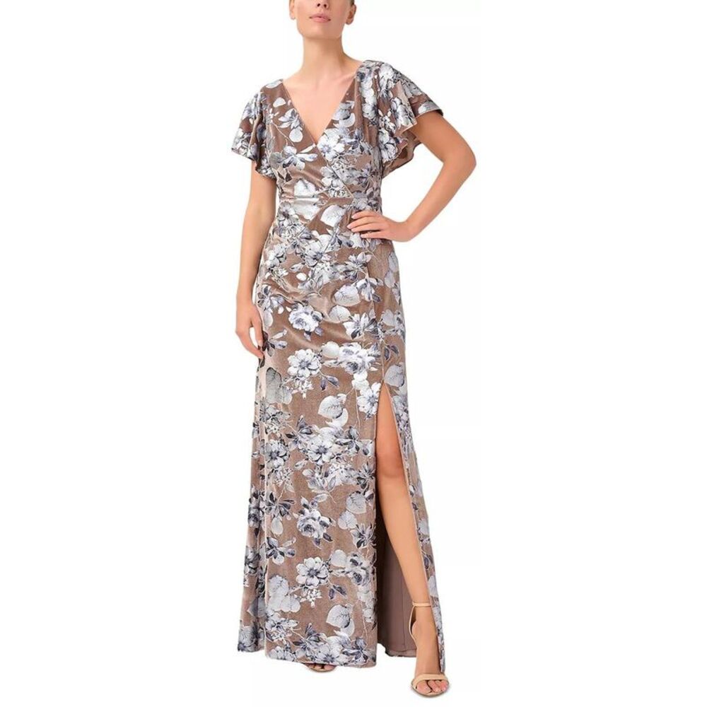 Adrianna Papell Womens Taupe Velvet Long Evening Dress Gown Petites NWOT